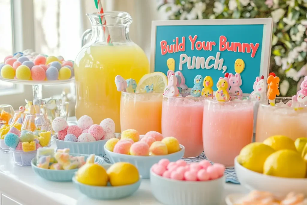 DIY Easter punch bar with juice pitchers, pastel sherbet, and fun spring garnishes