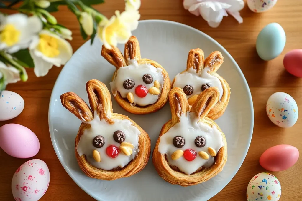 Cinnamon Roll Bunnies for Easter breakfast — iced bunny-shaped cinnamon rolls decorated with chocolate chips, red candy noses, and almonds, served on a plate with colorful Easter eggs.