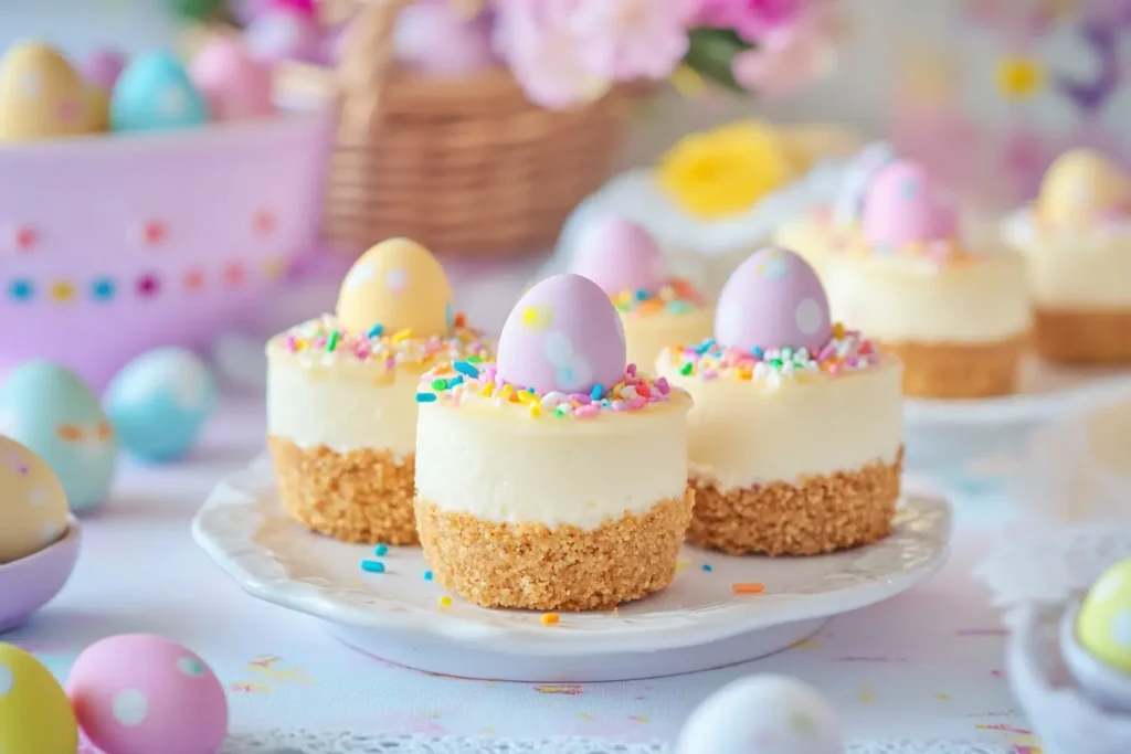 No-Bake Easter Mini Cheesecakes with pastel toppings