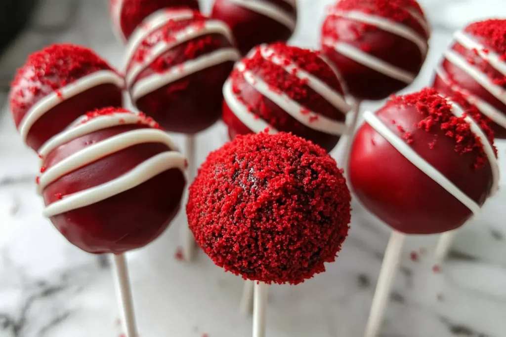 A close-up of Red Velvet Cake Pops with a smooth chocolate coating, white chocolate drizzle, and red velvet crumbs on top