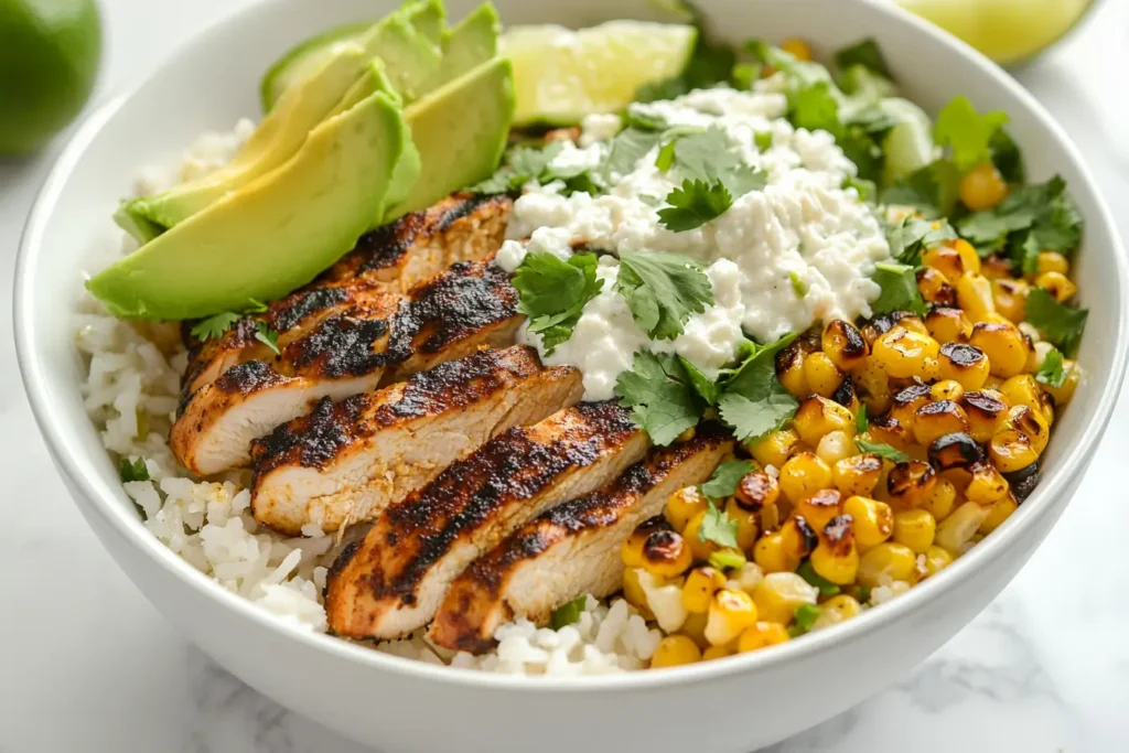 A colorful bowl of Street Corn Chicken Rice Bowl with grilled chicken, creamy corn, avocado, and Cotija cheese.