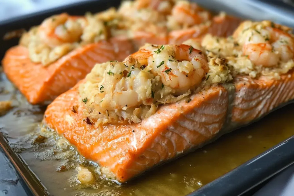 Crab and shrimp stuffed salmon baked to golden perfection in a ceramic dish
