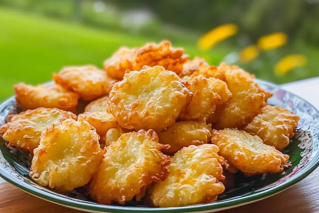 Plate of golden crispy dandelion flower fritters served fresh