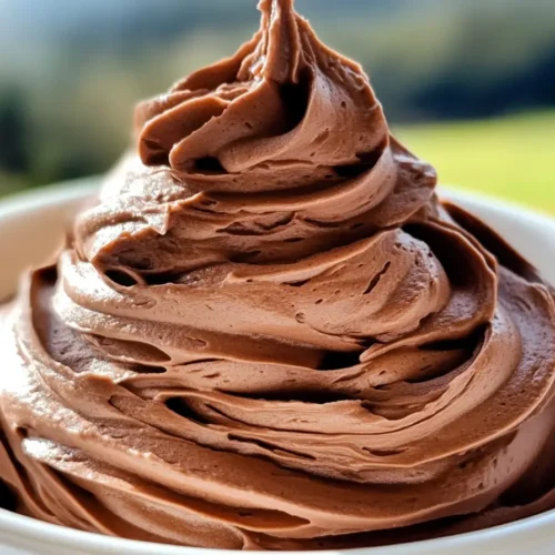 Swirled chocolate buttercream frosting in a white bowl with a soft outdoor background