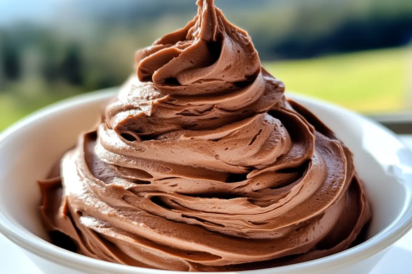 Swirled chocolate buttercream frosting in a white bowl with a soft outdoor background