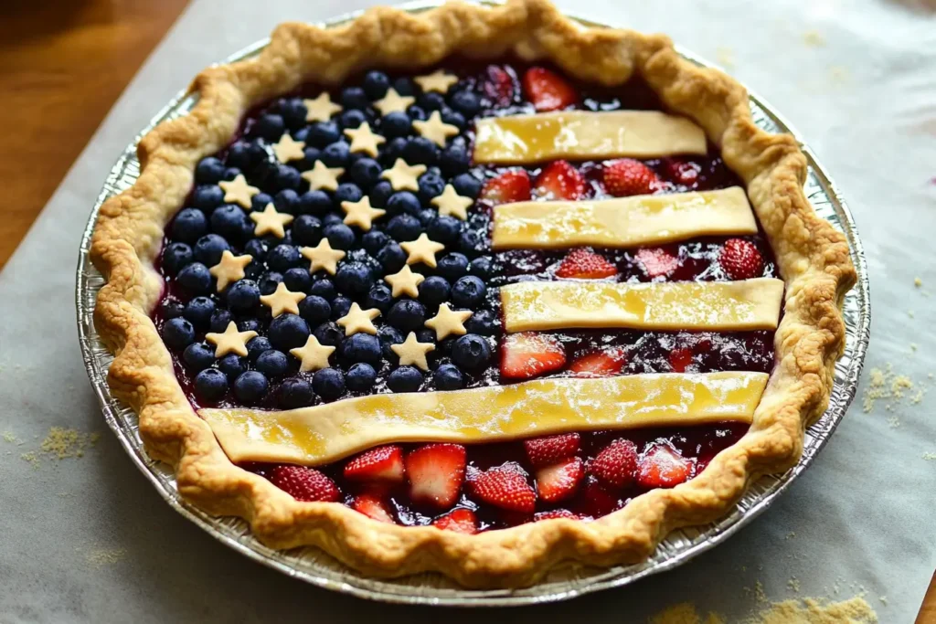 Overhead view of baked American Flag Pie with berry stripes and stars