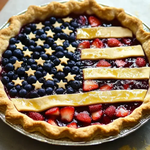 Overhead view of baked American Flag Pie with berry stripes and stars
