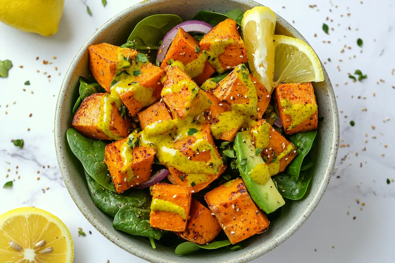 Pouring turmeric dressing over this vibrant Anti-Inflammatory Sweet Potato Salad Recipe.