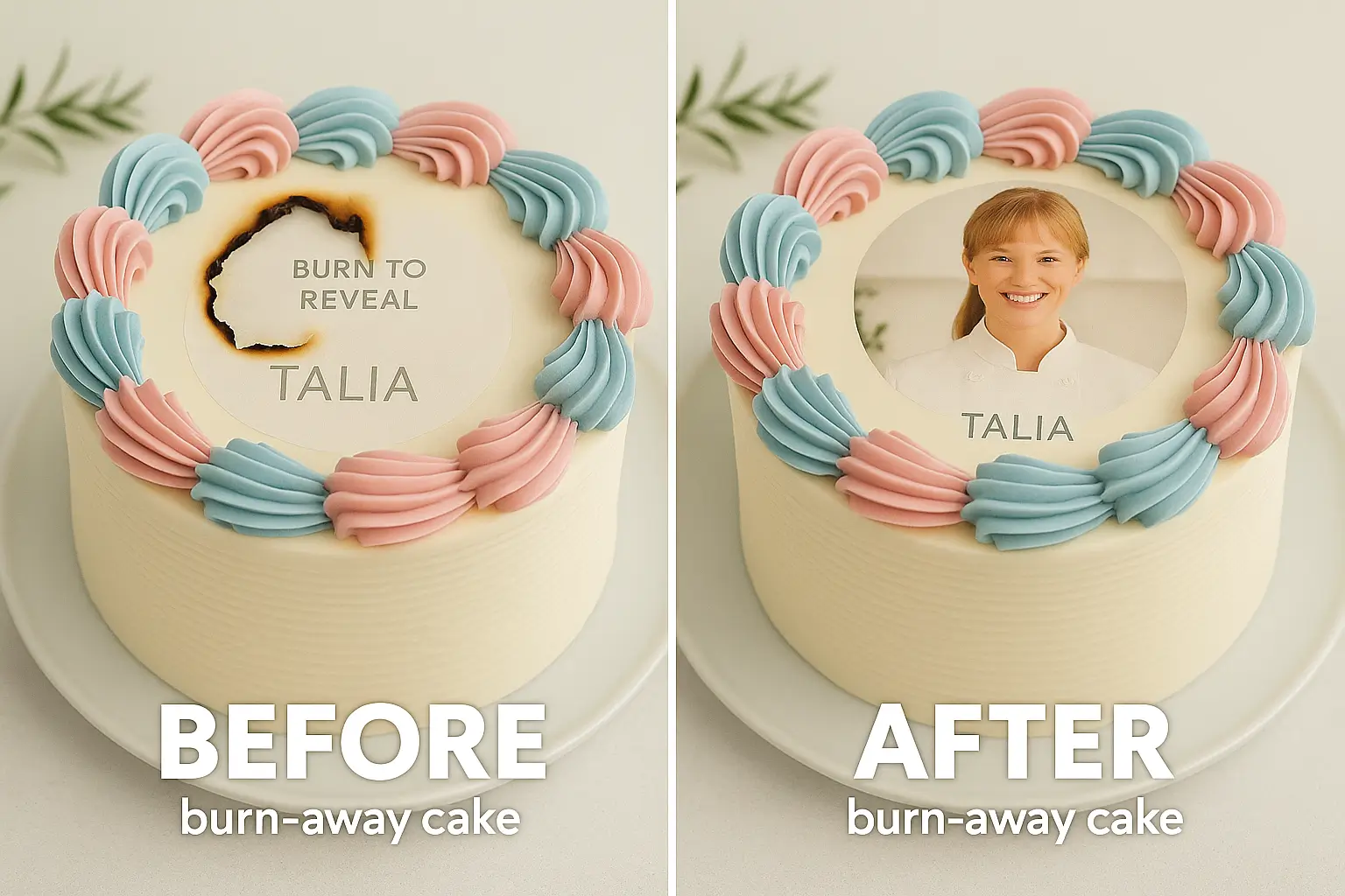 Before and after view of a burn-away cake revealing a photo of Talia under edible paper