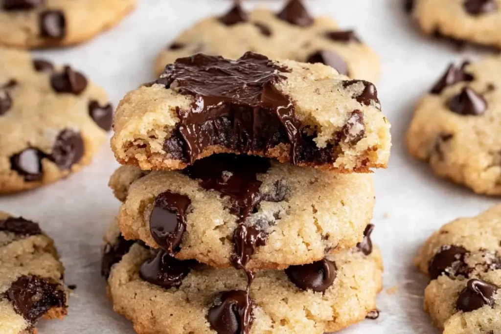 Stack of gooey keto chocolate chip cookies with melted dark chocolate chunks on parchment paper.