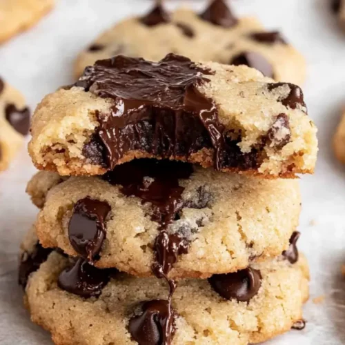 Stack of gooey keto chocolate chip cookies with melted dark chocolate chunks on parchment paper.