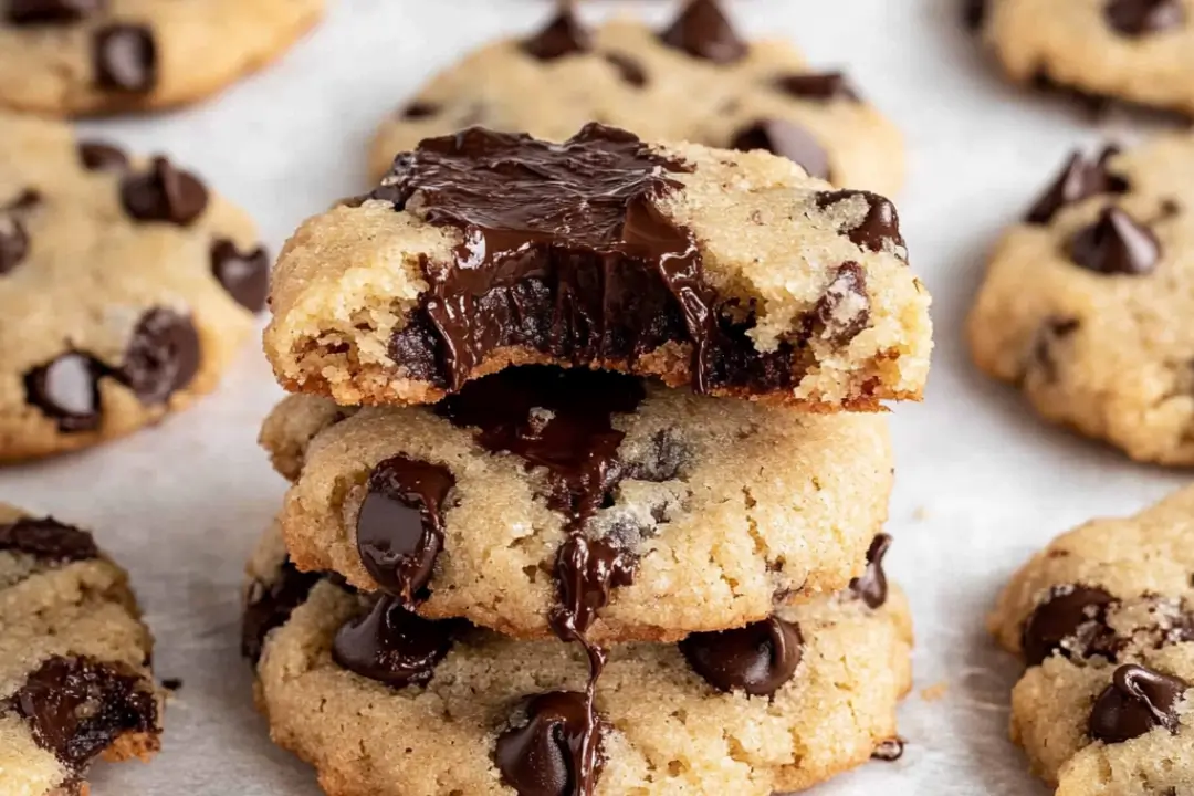 Stack of gooey keto chocolate chip cookies with melted dark chocolate chunks on parchment paper.
