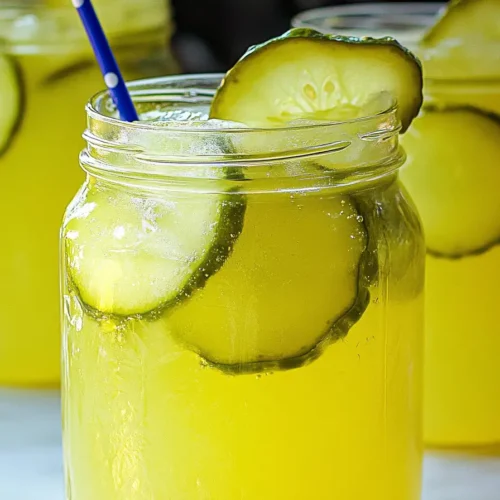 Close-up of mason jars filled with pickle lemonade, garnished with pickle slices and ice, with a blue straw