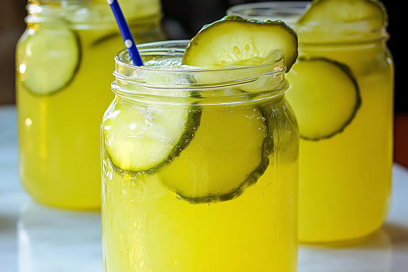 Close-up of mason jars filled with pickle lemonade, garnished with pickle slices and ice, with a blue straw