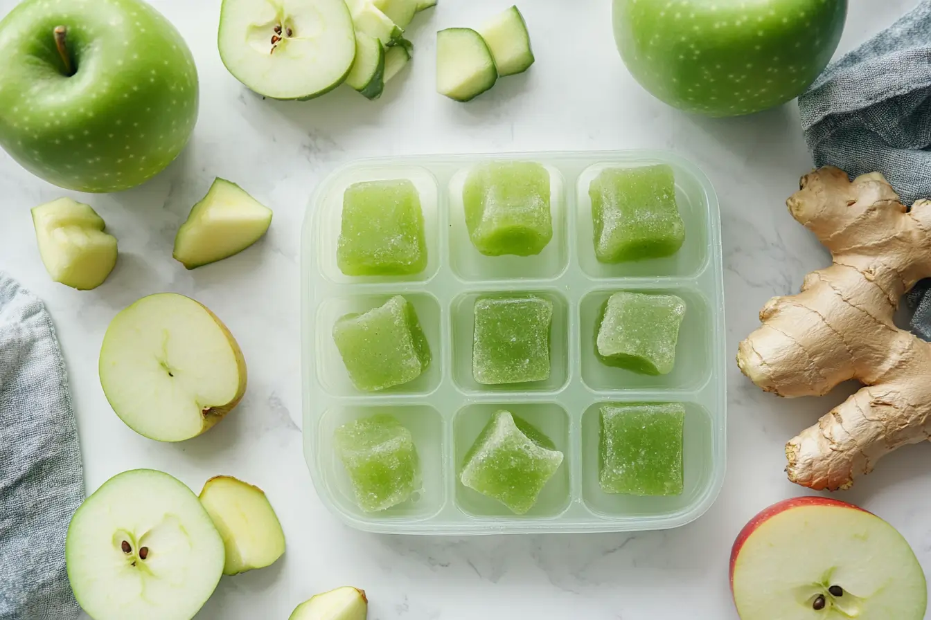 DIY Green Apple Ginger Gummies made from frozen green apple and ginger cubes in a silicone tray, surrounded by fresh green apples and ginger root.