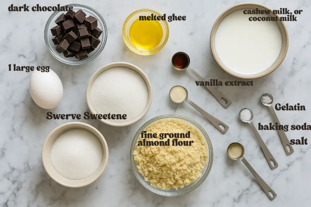 Keto chocolate chip cookie ingredients arranged on a marble surface, including almond flour, Swerve sweetener, egg, ghee, dark chocolate, vanilla, gelatin, baking soda, salt, and milk.