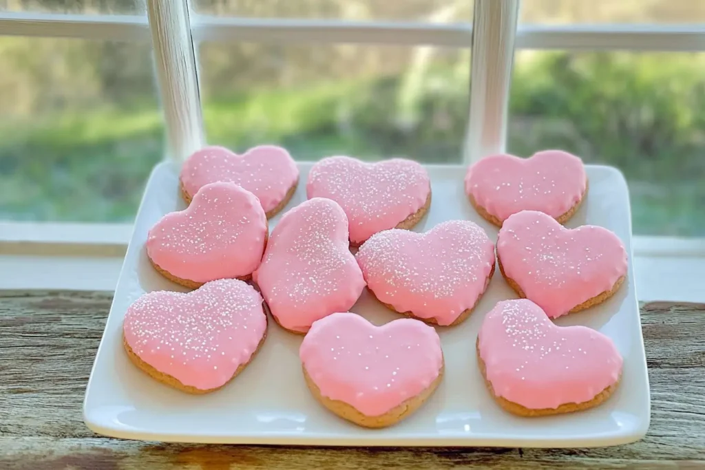 Mothers Day Heart Pink Cookies — heart-shaped sugar cookies with pink icing and white sprinkles — served beautifully on a white plate.