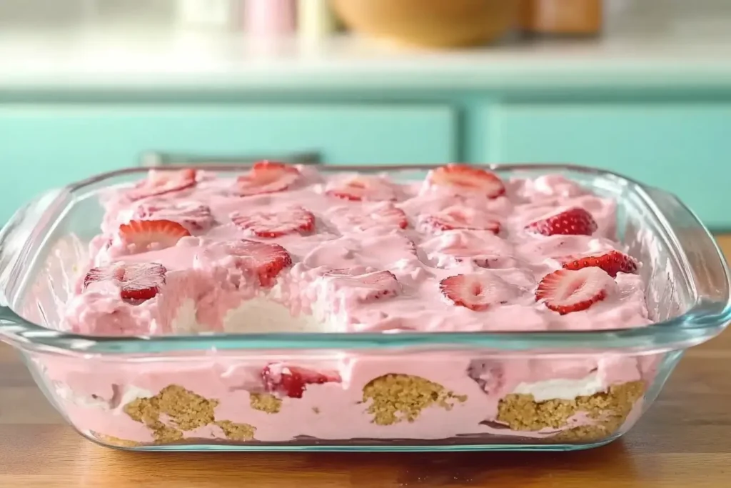 Glass dish of no-bake strawberry delight with a pink creamy layer, graham cracker crust, and fresh strawberry slices on top.