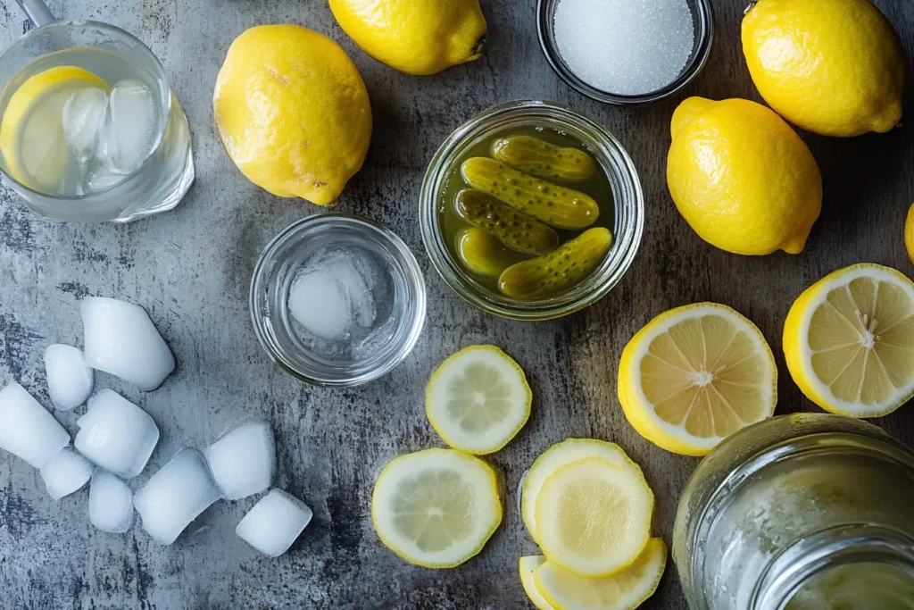 Ingredients for pickle lemonade on a kitchen counter