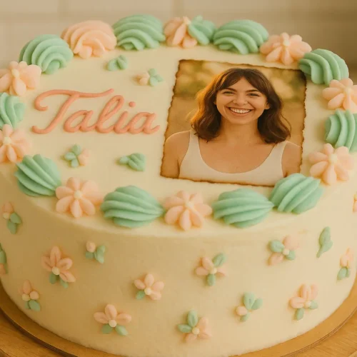 Before and after view of a burn-away cake revealing a photo under edible paper