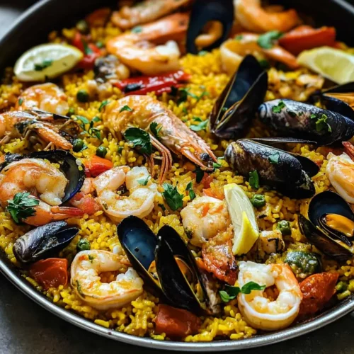 Traditional Spanish Seafood Paella with Shrimp, Mussels, and Chicken in Pan