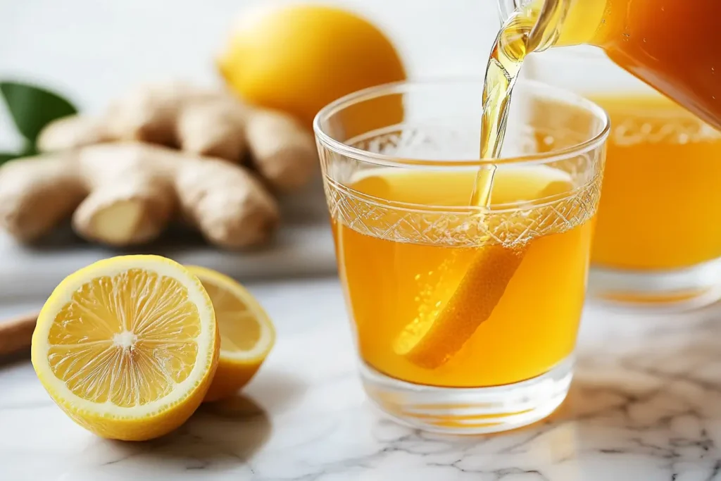 Brazilian Mounjaro recipe – detox drink with lemon, ginger, and apple cider vinegar on marble countertop