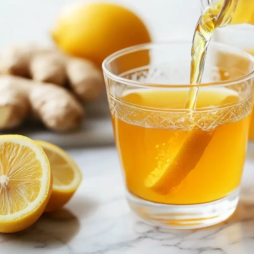 Brazilian Mounjaro recipe – detox drink with lemon, ginger, and apple cider vinegar on marble countertop