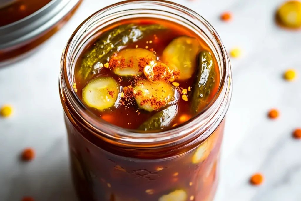 Jar of whole chamoy pickles soaked in red brine with chili flakes and floating garlic slices