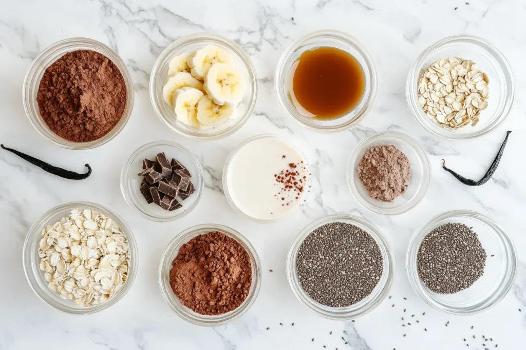 Ingredients for chocolate banana overnight oats including cocoa powder, sliced banana, oats, chia seeds, almond milk, maple syrup, and chocolate chunks on marble background