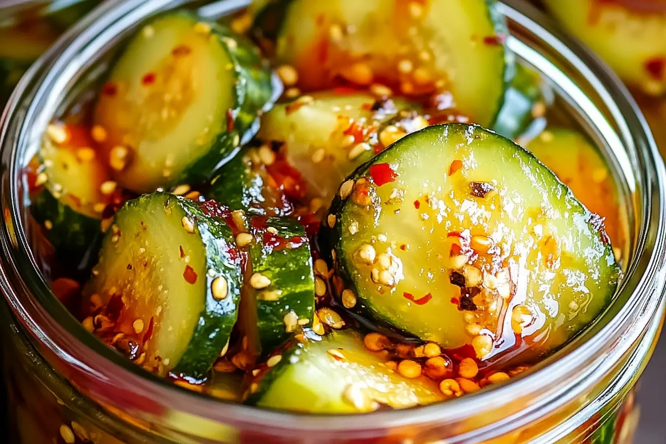 Crisp chamoy pickles — cucumber slices coated in spicy-sweet chamoy sauce, chili flakes, and sesame seeds inside a glass jar