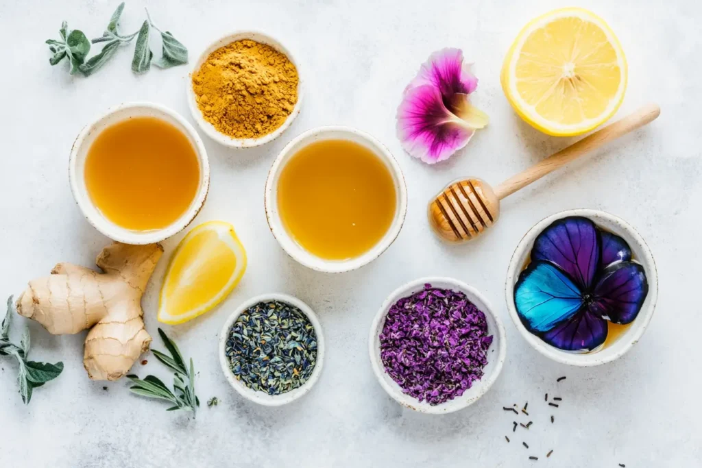 Colorful ingredients for the Brazilian Mounjaro recipe including ginger, lemon, honey, butterfly pea flower, and turmeric