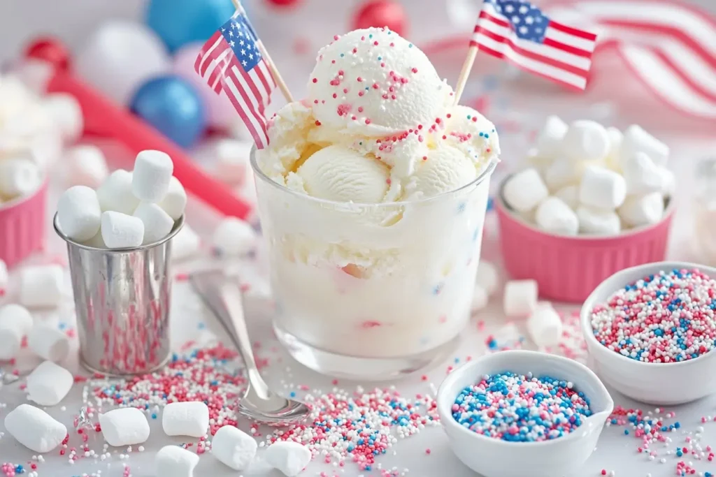 A festive summer punch setup with vanilla ice cream, red-white-blue sprinkles, marshmallows, and patriotic decorations for the 4th of July.
