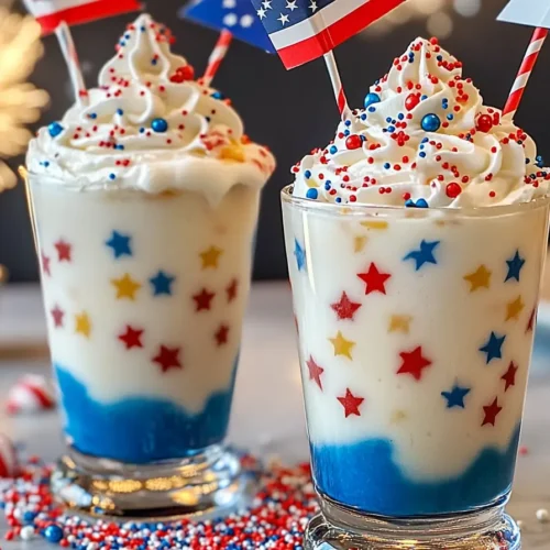 Creamy 4th of July party punch with ice cream and sprinkles in a festive bowl