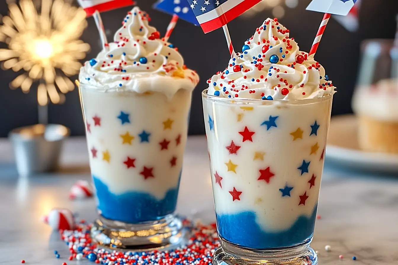 Creamy 4th of July party punch with ice cream and sprinkles in a festive bowl