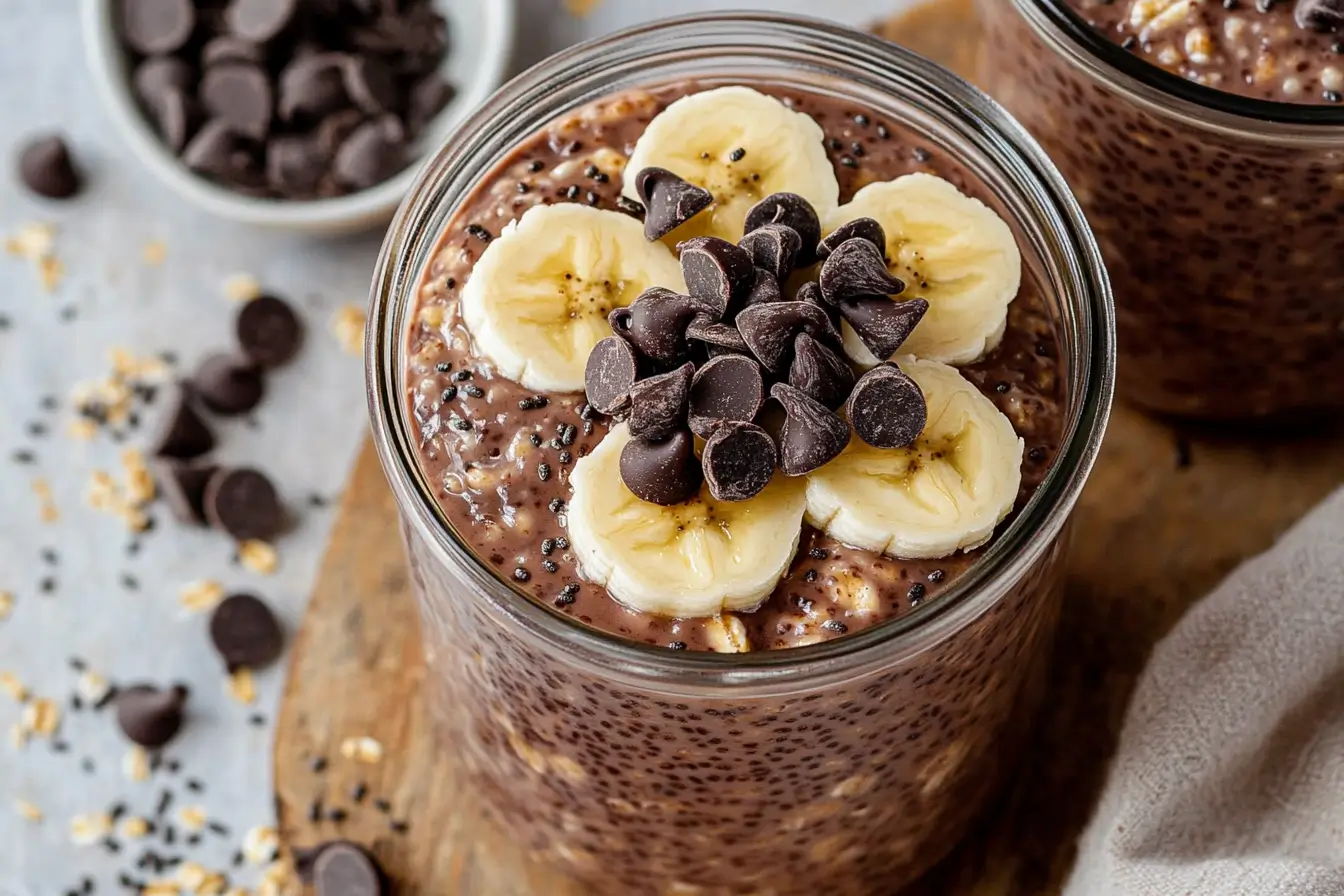 Chocolate banana overnight oats in jar with toppings