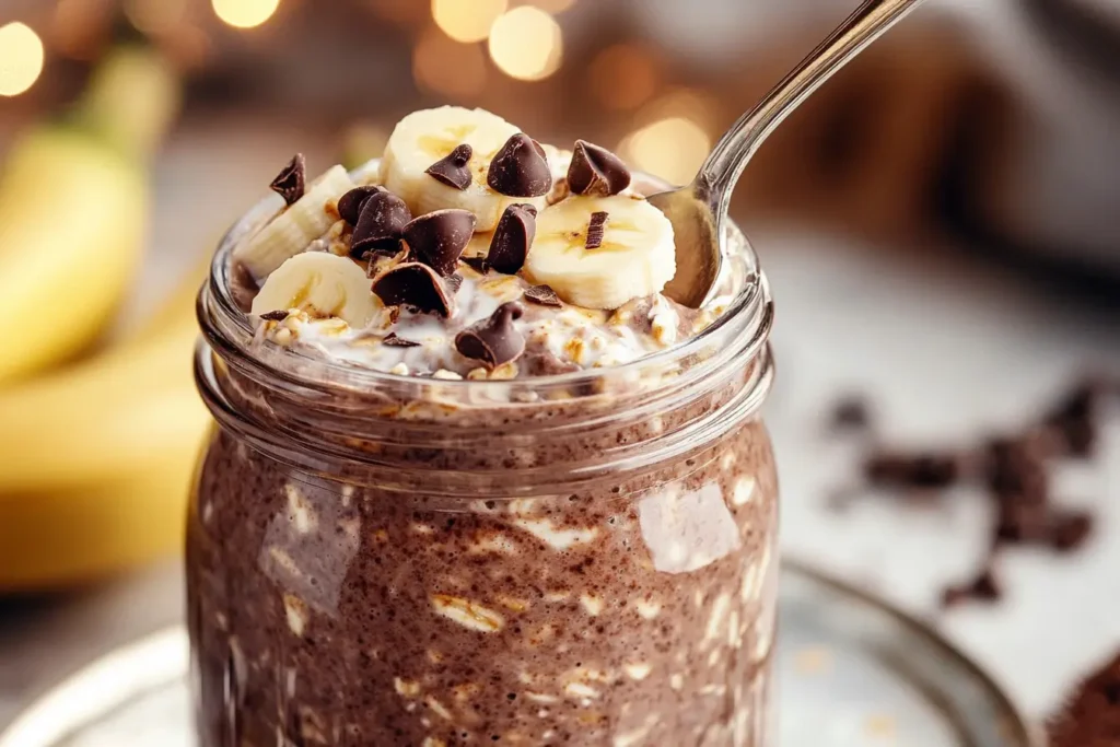 Jar of chocolate banana overnight oats topped with banana slices and chocolate chips, with a spoon inserted