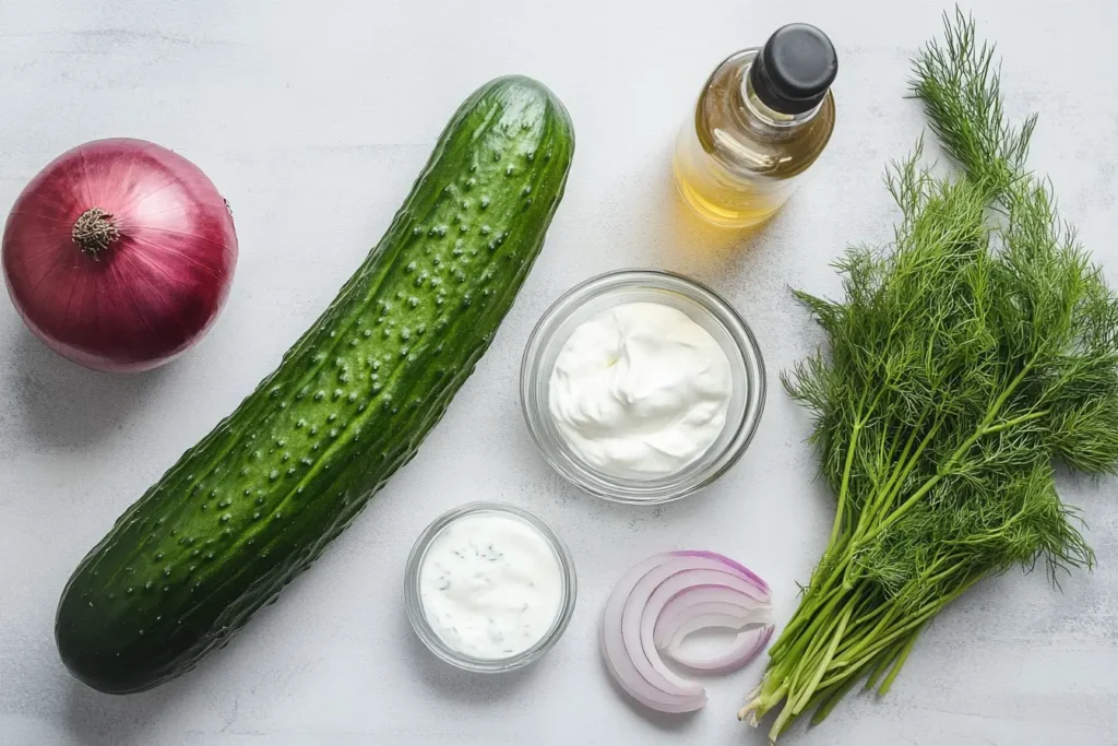Ingredients for creamy cucumber salad on a white surface, including cucumber, red onion, dill, sour cream, yogurt, and vinegar.