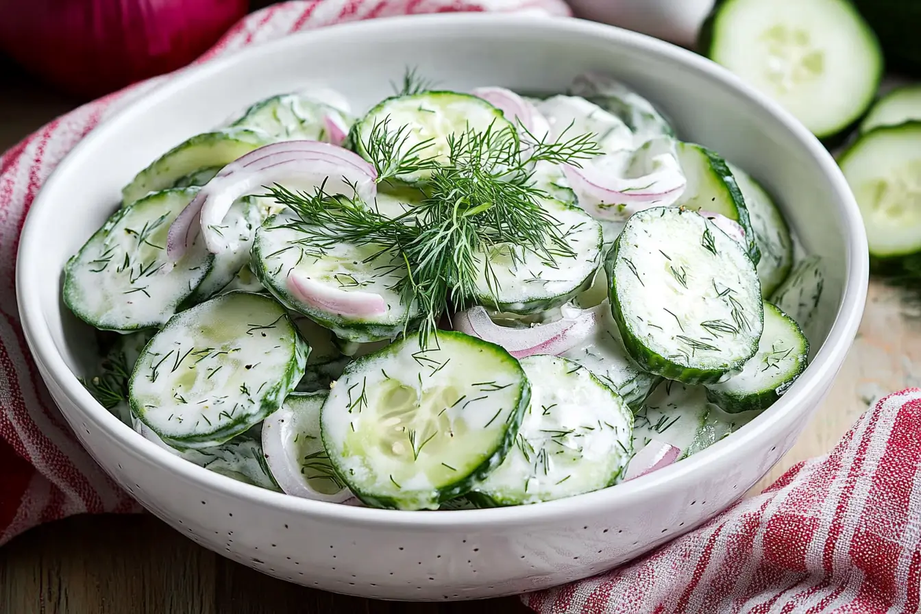 A close-up shot of a bowl of creamy cucumber salad, garnished with fresh dill and thinly sliced red onion, sitting on a wooden table.