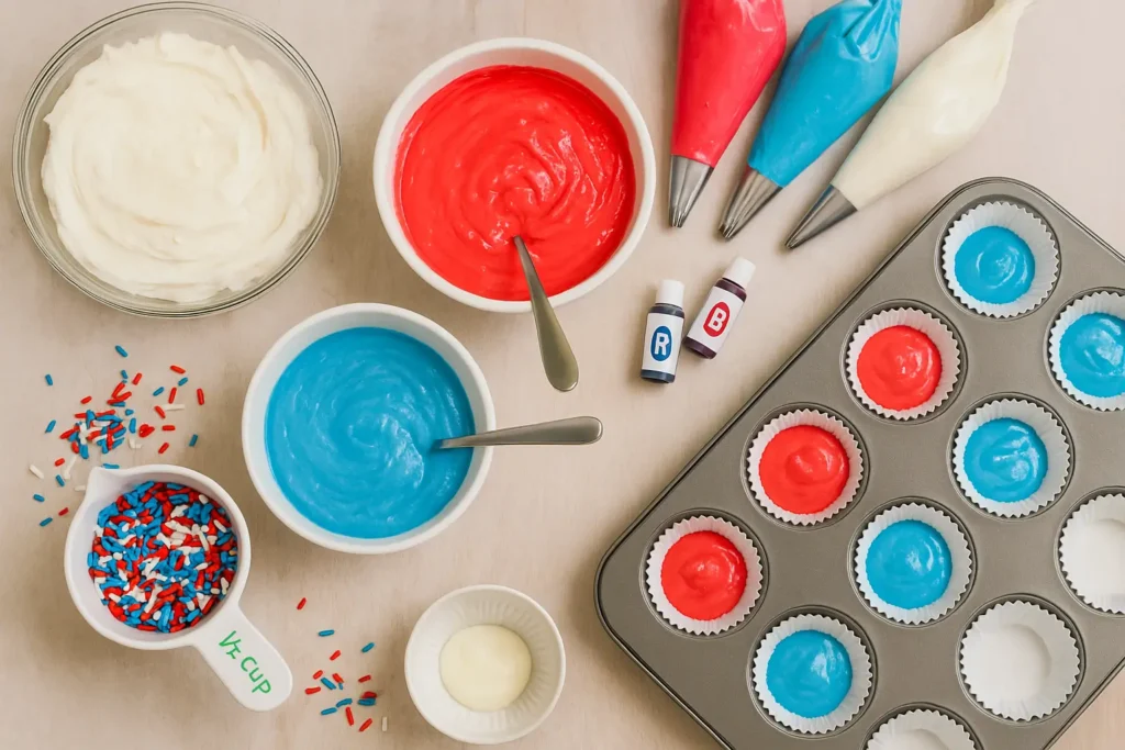 Overhead view of red, white & blue cupcake batter in bowls and piping bags, with sprinkles and a muffin pan of lined cups ready for baking.