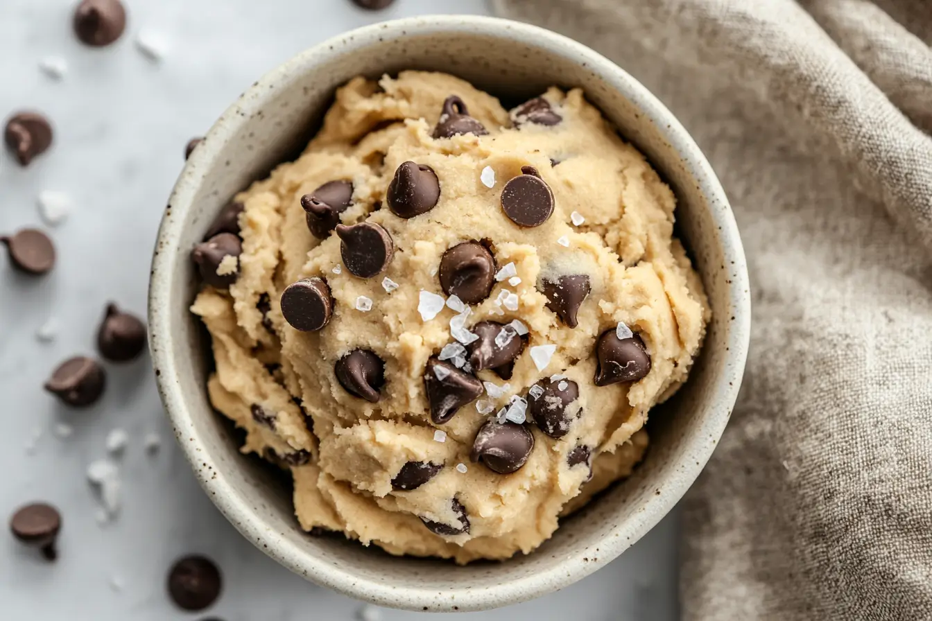 Bowl of healthy edible cookie dough with chocolate chips