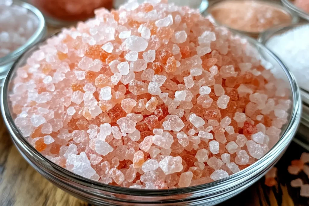 Close-up of coarse Himalayan pink salt crystals in a glass bowl