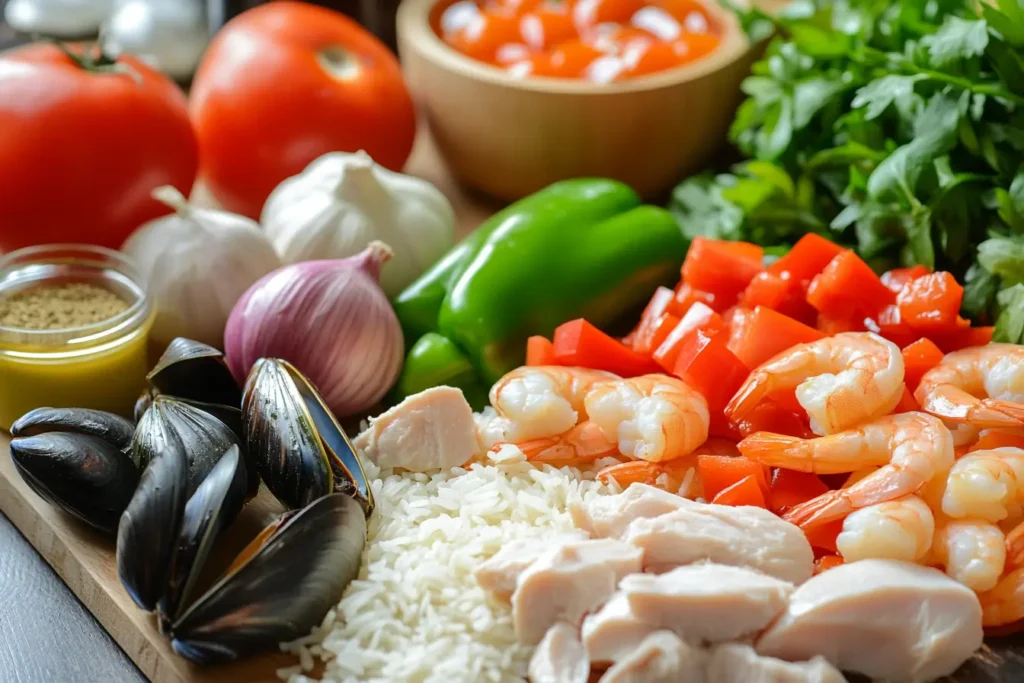 Ingredients for Seafood Paella arranged on a counter