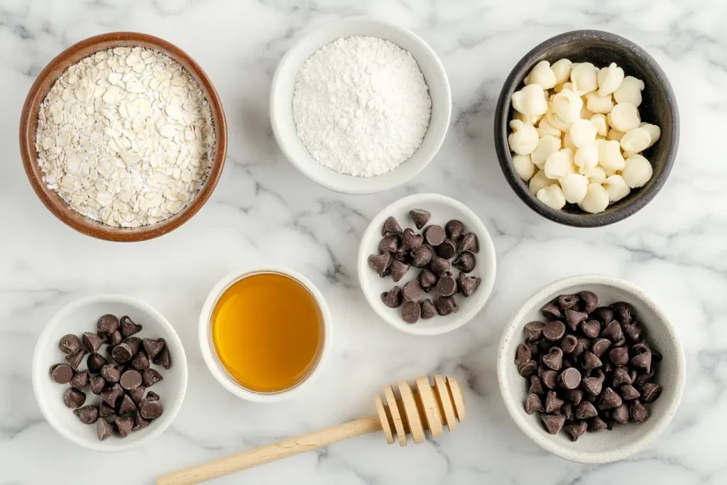 Healthy edible cookie dough ingredients in bowls