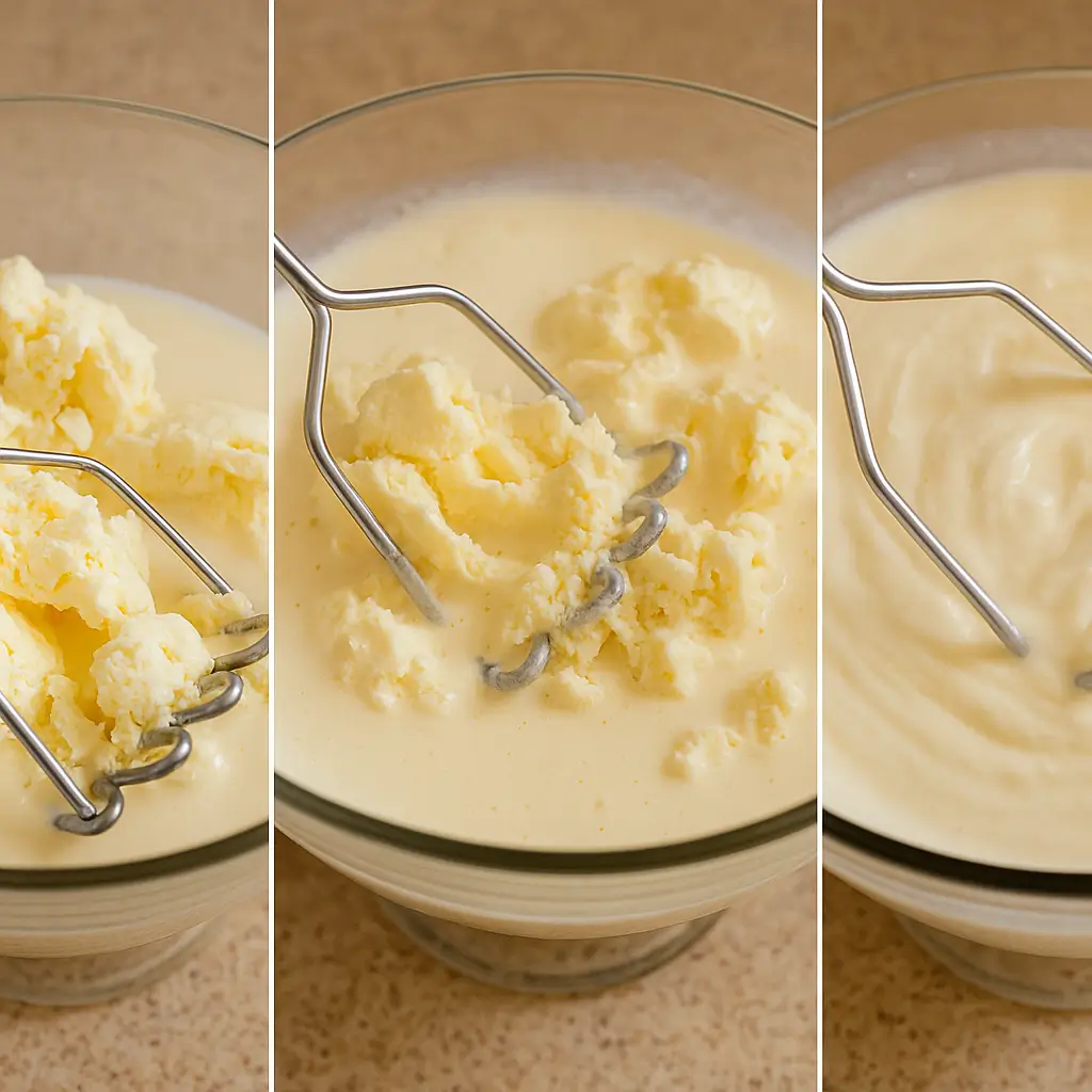 Step-by-step process of mashing vanilla ice cream into a creamy punch base with a potato masher.