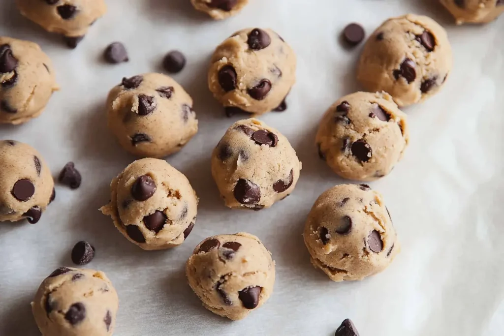 Healthy edible cookie dough balls with chocolate chips on parchment paper