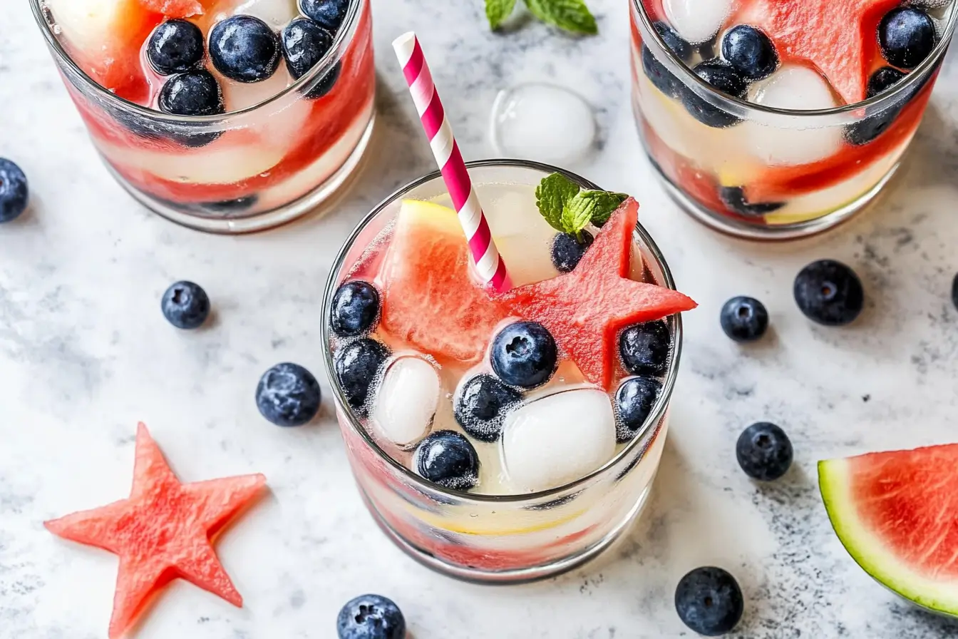 Overhead Patriotic Lemonade with watermelon stars, blueberries & striped straw.