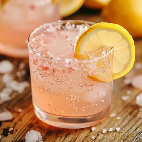 Sparkling pink salt lemonade with ice and lemon slice in a glass on rustic wood, part of a refreshing pink salt weight loss recipe