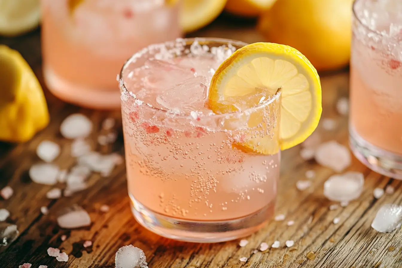 Sparkling pink salt lemonade with ice and lemon slice in a glass on rustic wood, part of a refreshing pink salt weight loss recipe