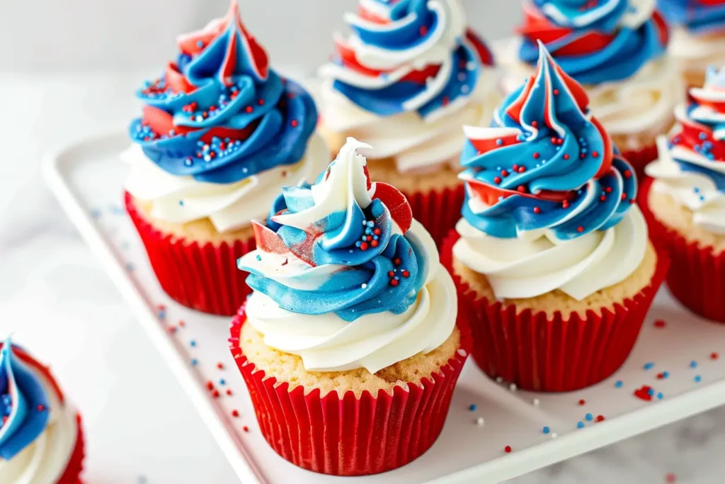 Close-up of vanilla cupcakes in red liners topped with red, white & blue swirled buttercream and sprinkles.