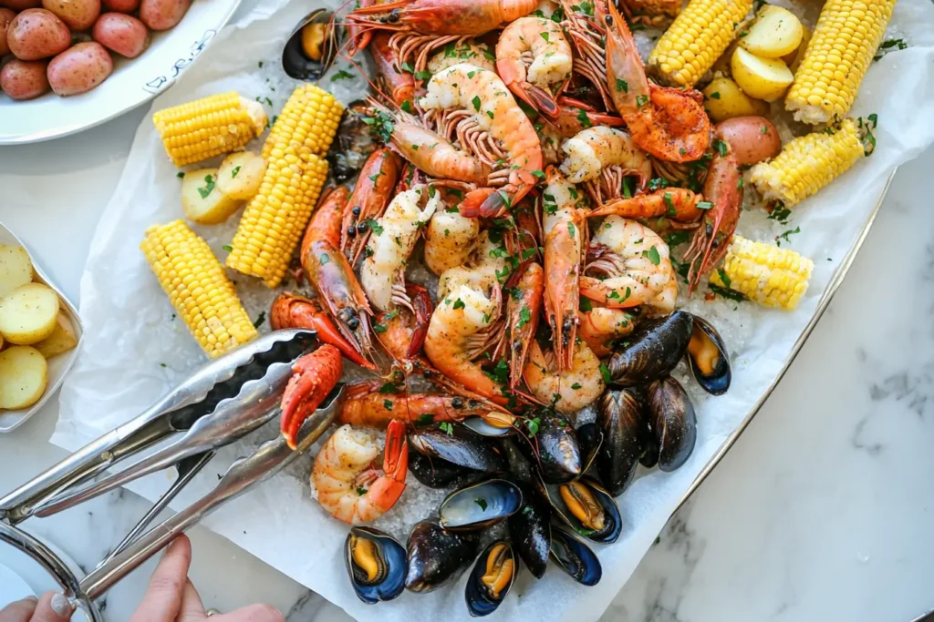 Tabletop dump of seafood boil featuring shell-on shrimp, mussels, corn halves, and baby potatoes on white parchment with stainless tongs